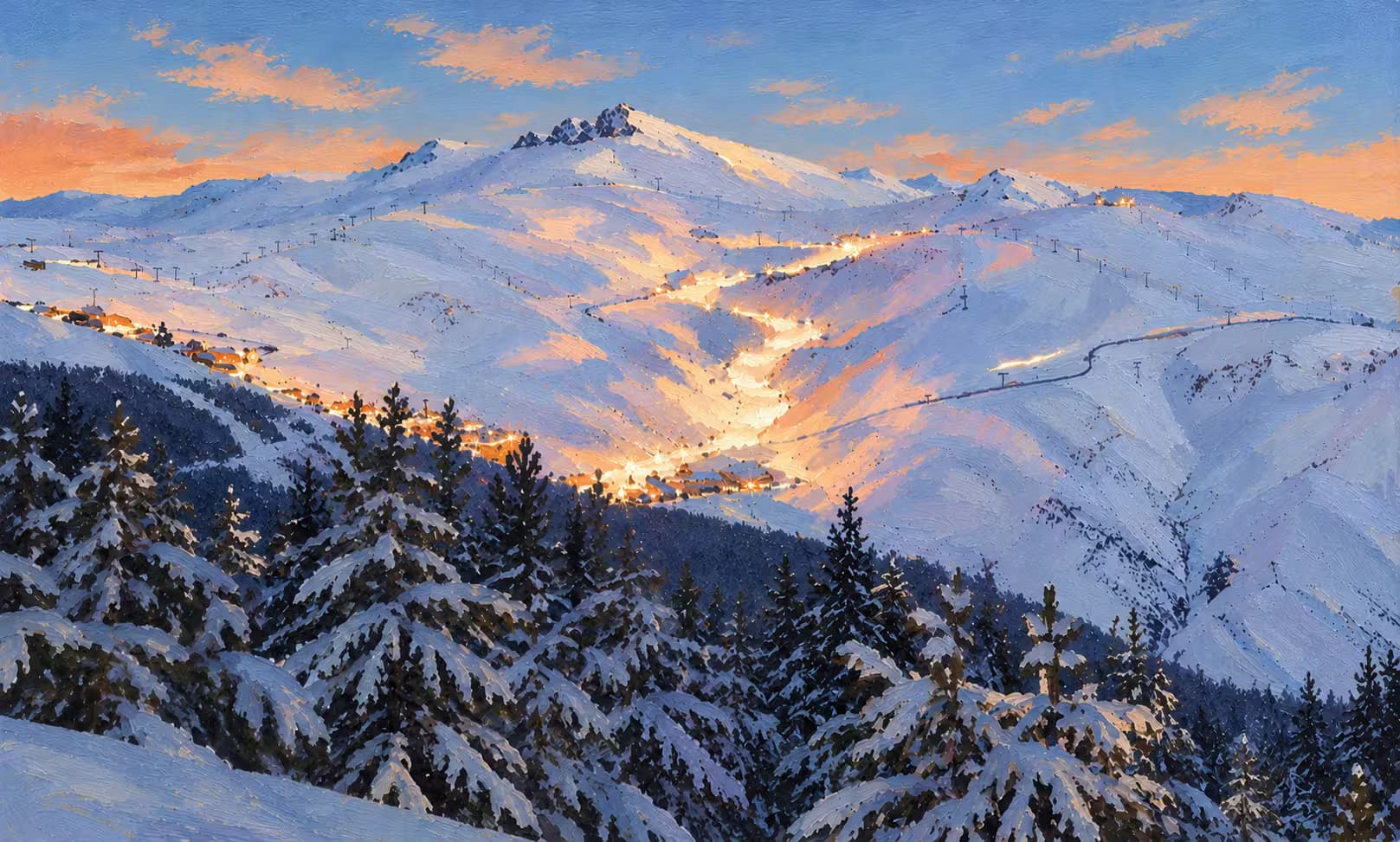 Sierra Nevada nevada al atardecer, con las pistas iluminadas
